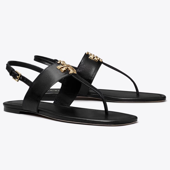 Tory Burch Eleanor T- Strap Sandal Black Logo Classic NIB 7 $298 goat leather - Picture 1 of 7